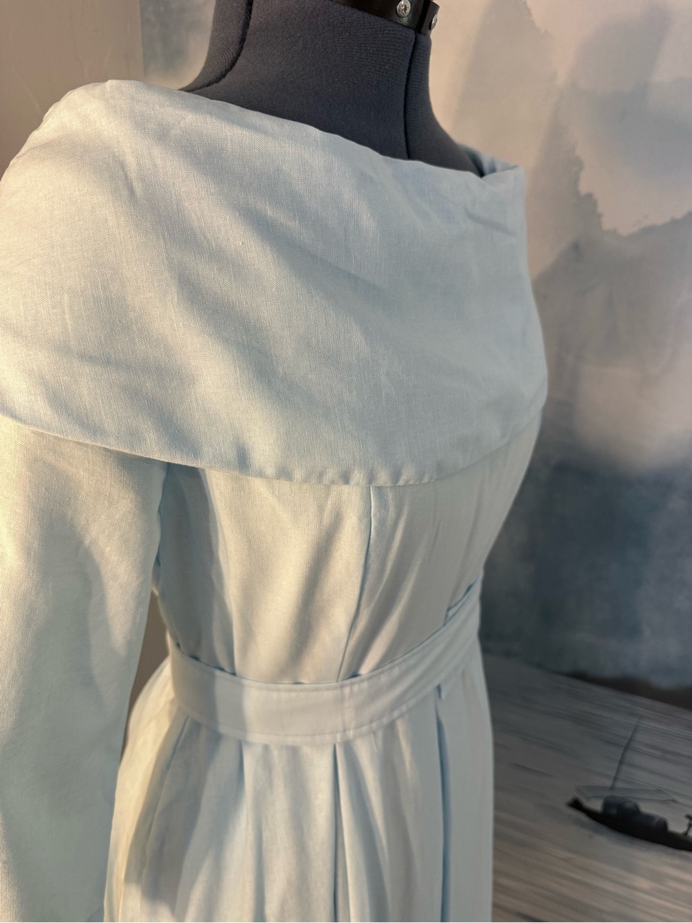 Off-Shoulder Light Blue Midi Dress with Belted Waist #197 - Picture 3 of 14